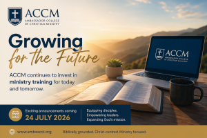 ACCM promotional banner featuring an open Bible and laptop overlooking a mountain sunrise, highlighting future ministry training opportunities and upcoming ACCM announcements for July 2026.